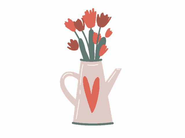a pink vase with flowers and a heart on the handle