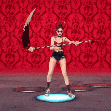 a woman with horns is holding a scythe