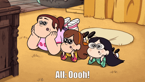 a cartoon of three girls with googly eyes and the words all oooh on the bottom