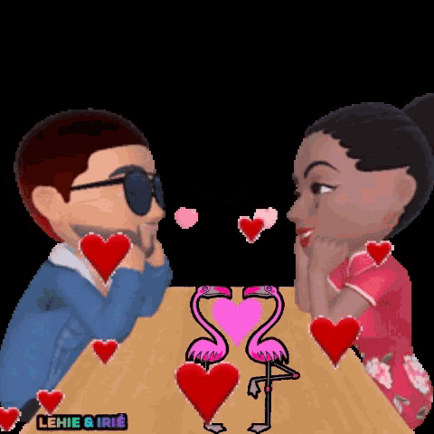 a man and a woman are sitting at a table with flamingos and hearts surrounding them