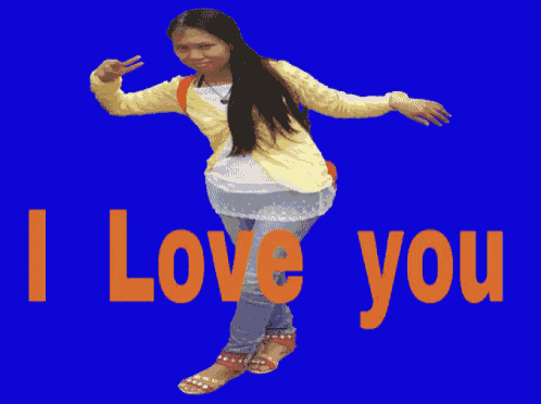 a girl in a yellow jacket is standing in front of a blue background that says i love you