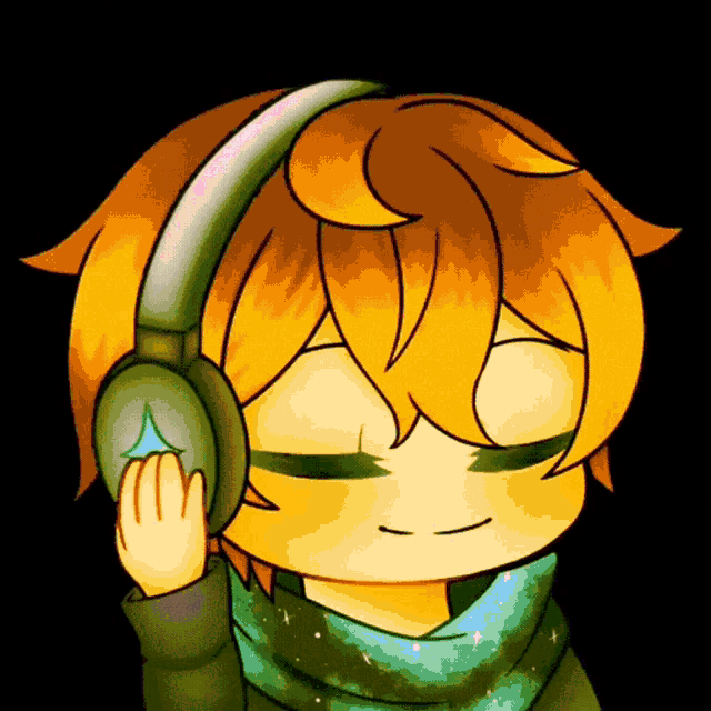a cartoon drawing of a boy wearing headphones and a green scarf