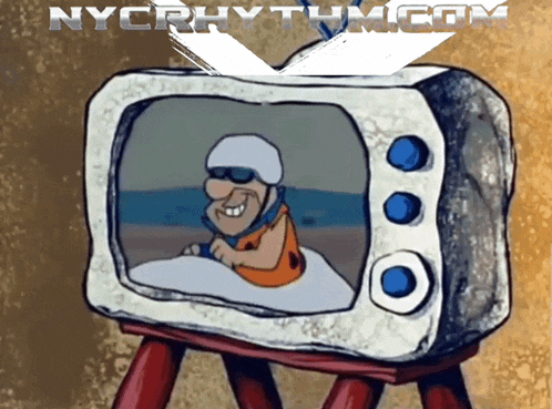 nycrhythm.com is displayed above a cartoon character on a tv