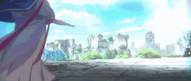 a cartoon drawing of a woman walking in front of a city