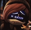 a close up of a cartoon character with a mask on his face that says `` u gay ?? '' .