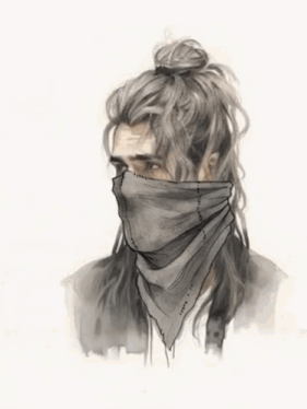 a drawing of a man with long hair and a scarf covering his face