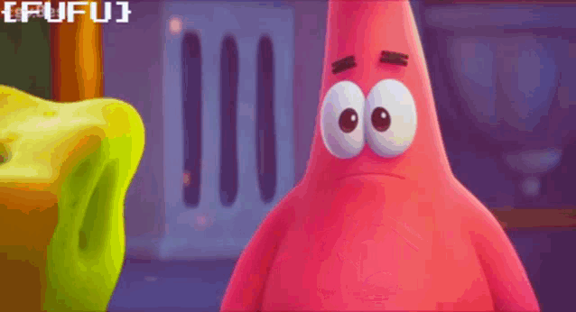 a pink cartoon character with big eyes is standing next to a yellow spongebob