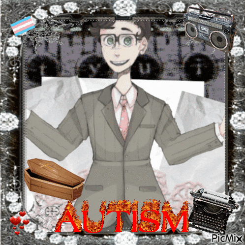 a picture of a man in a suit and tie with the word autism written in red
