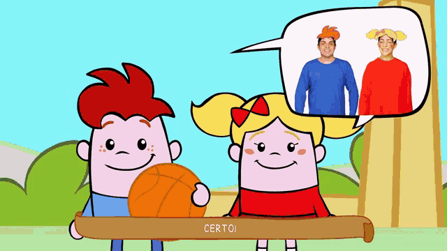 a cartoon of a boy and a girl holding a basketball with a speech bubble that says " certo "