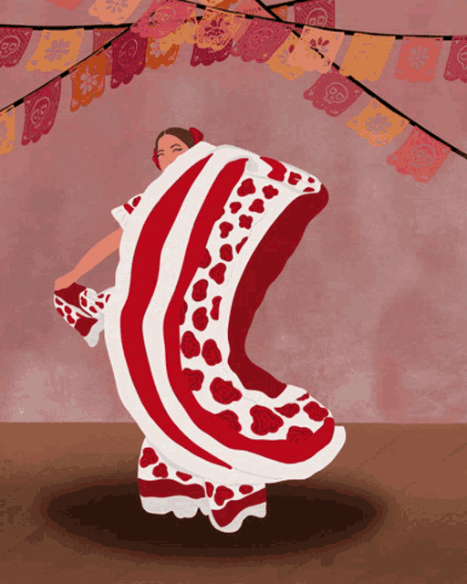a drawing of a woman in a red and white dress dancing