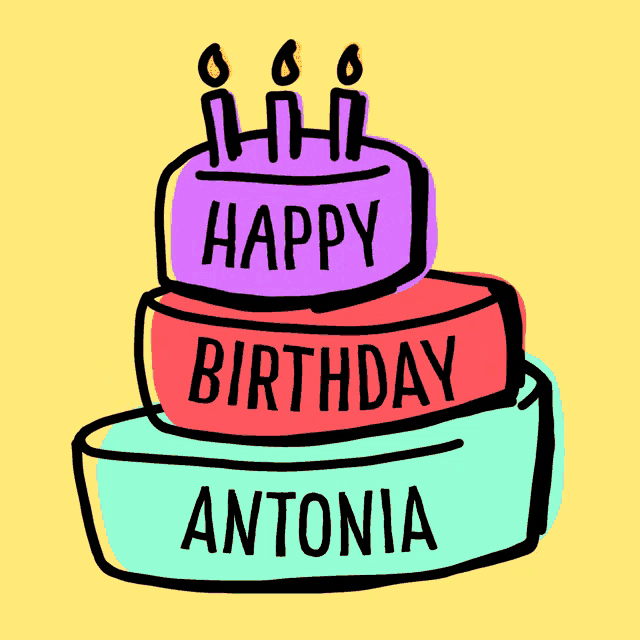 a drawing of a birthday cake with the name antonia on it
