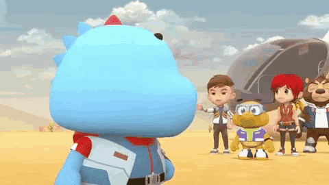 a group of cartoon characters standing next to each other including a hippo