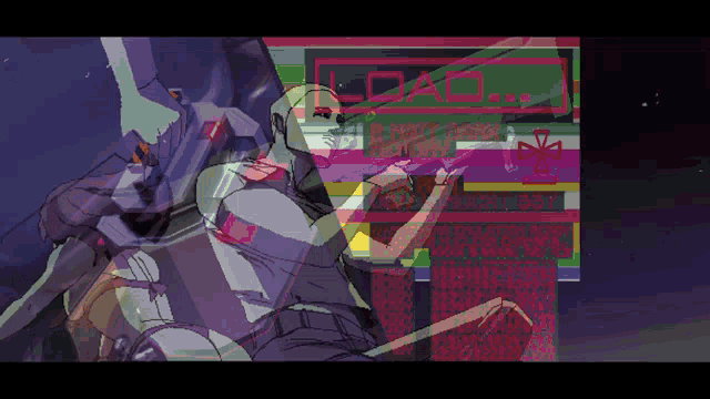 a pixel art drawing of a man and a robot with the word load in red