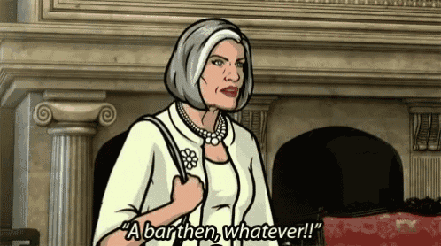 a cartoon woman is standing in front of a fireplace and says a barthen whatever .