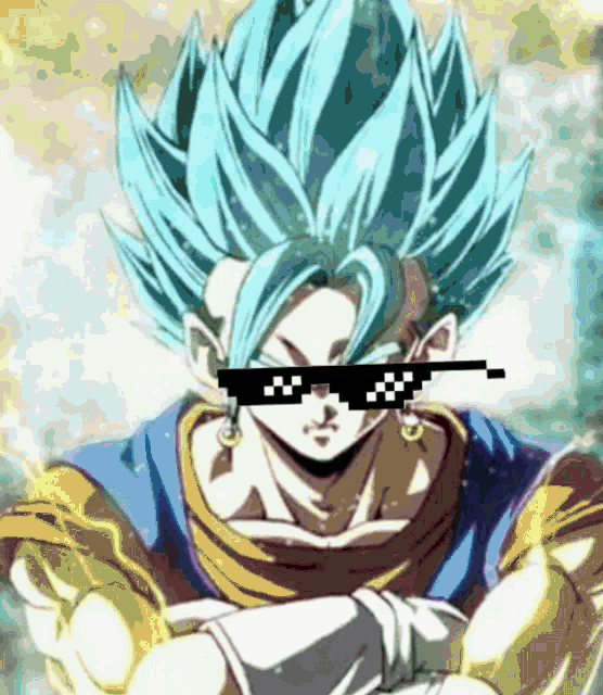 a cartoon character with blue hair is wearing sunglasses and earrings