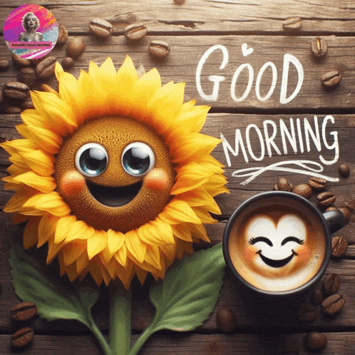 a sunflower is smiling next to a cup of coffee and the words " good morning " written on a wooden table