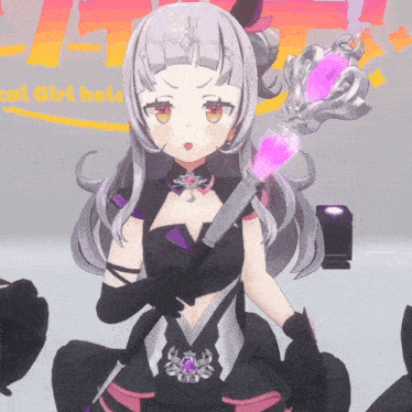 a girl with purple hair is holding a purple wand in front of a special girl holo sign