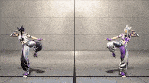 a video game character with purple pants and gloves is dancing in a room .