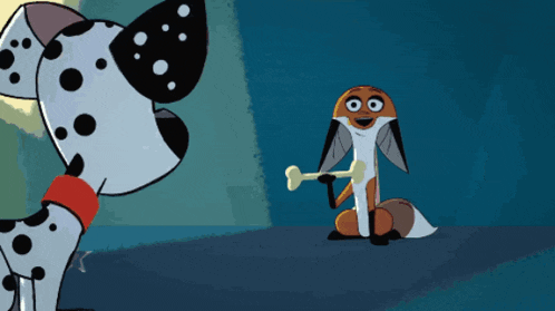 a dalmatian dog standing next to a fox with a bone
