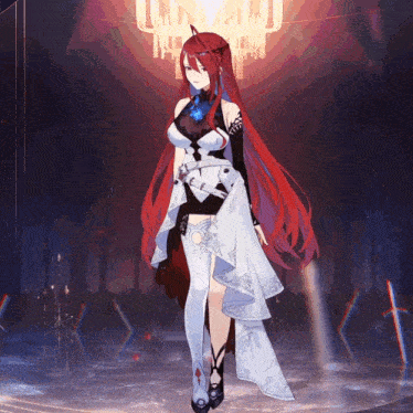 a girl with long red hair is wearing a white and black dress