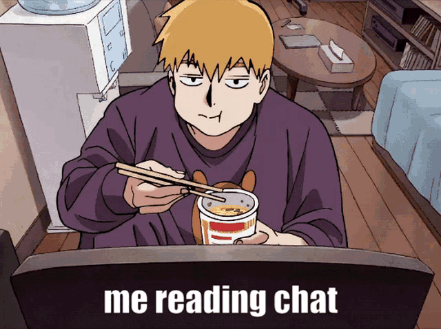 a cartoon of a man eating noodles with chopsticks and the words " me reading chat " below him