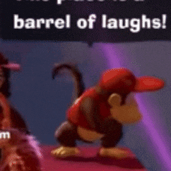a monkey wearing a red hat and a red shirt is standing on a purple surface .
