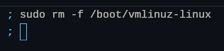 a black screen with the words sudo rm - f / boot / vmlinuz - linux on it
