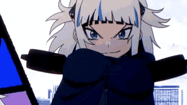 a cartoon character with white hair and blue eyes holding a sword