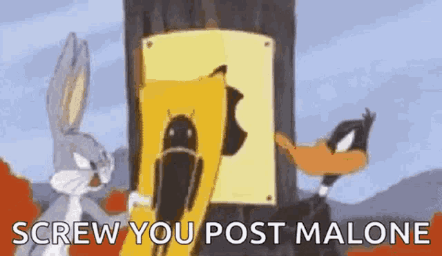 bugs bunny and daffy duck are standing next to each other in a cartoon .