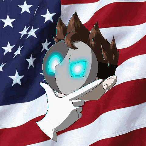 a drawing of a person covering their face in front of a flag