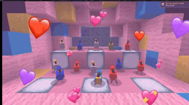 a screenshot of a video game with hearts and the words " the end "