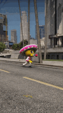 a cartoon character wearing a sombrero is running down a city street