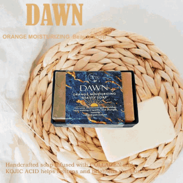 a bar of dawn orange moisturizing beauty soap sits on a wicker tray