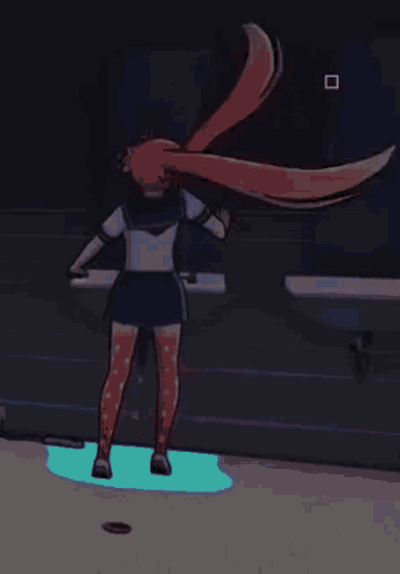 a cartoon character with a long tail is standing in a bathroom