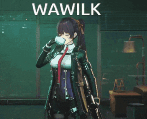 a video game character named wawilk holding a cup of coffee