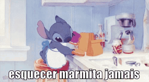 a cartoon of stitch sitting on a stool in a kitchen with the words " esquecer marmita jamais "