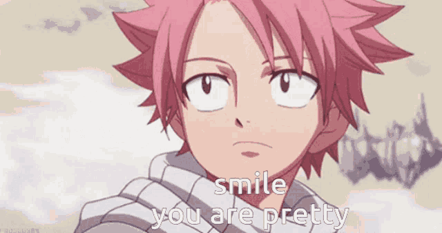 a boy with pink hair is smiling with the words smile you are pretty below him