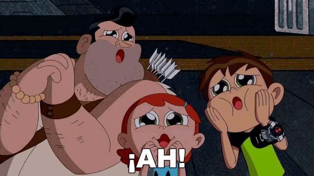 a group of cartoon characters are standing next to each other with a caption that says ' ah '