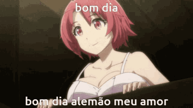 a picture of a girl with red hair says bom dia bom dia alemao meu amor