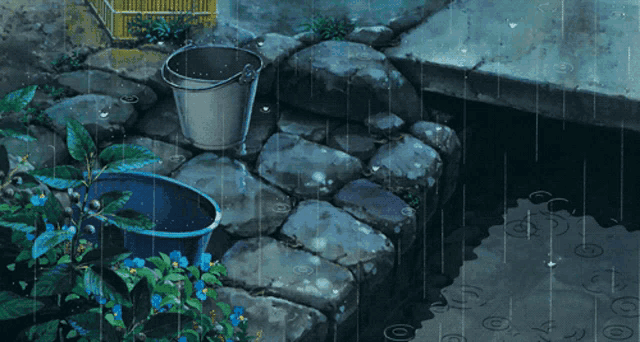 a bucket sits on a stone wall next to a bucket of water