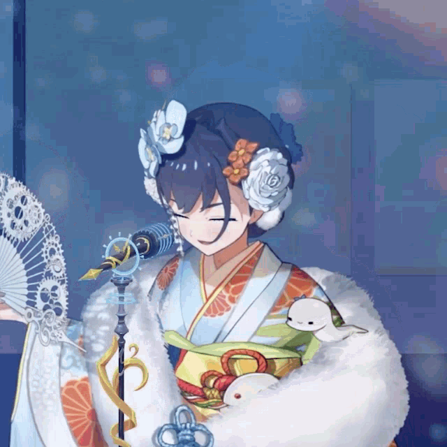 a girl in a kimono holding a fan and a microphone