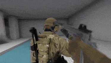 a man in a military uniform is holding a gun in front of a pool