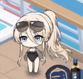 a little girl in a swimsuit and sunglasses is standing next to a bottle .