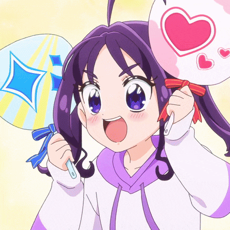 a girl with purple hair is holding a fan and a balloon with hearts on it