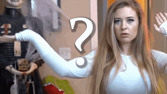 a woman with a question mark behind her