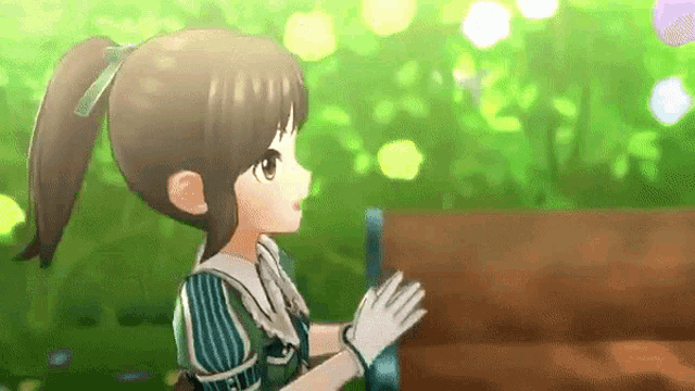 a girl in a ponytail is sitting on a wooden bench in a park .