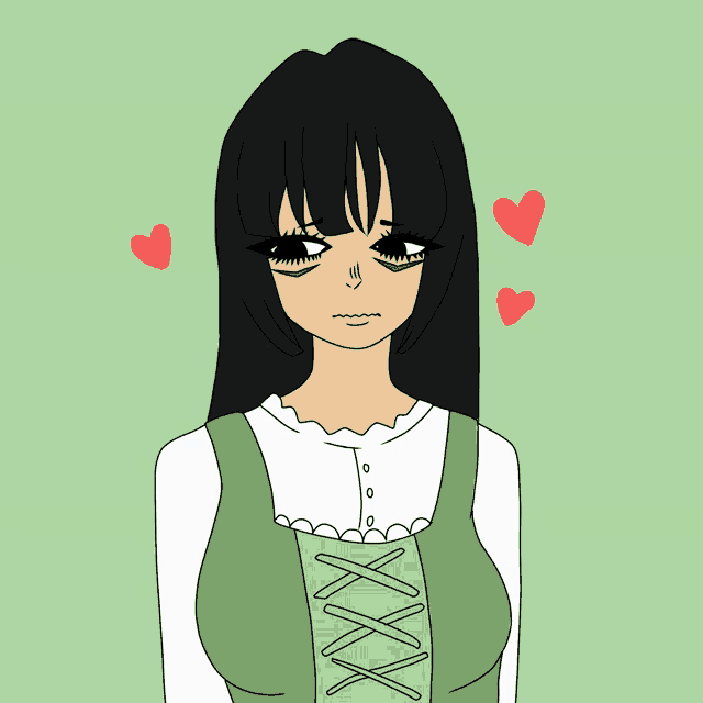 a drawing of a girl with long black hair and hearts around her