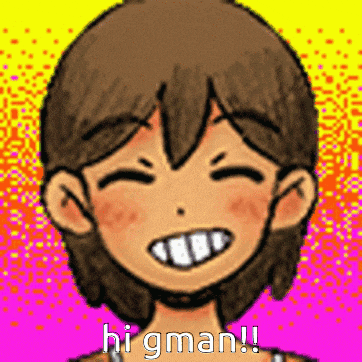a pixel art of a girl smiling with the words `` hi gman ! ''
