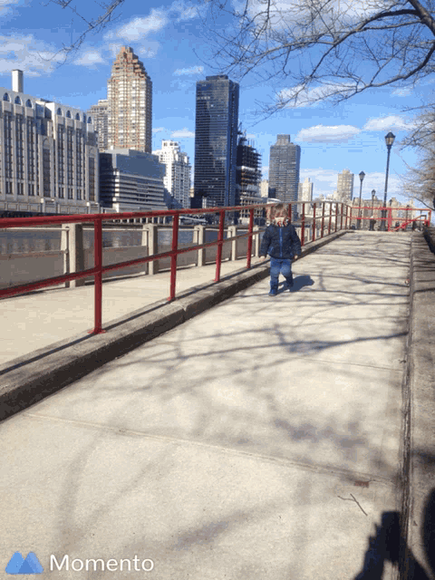 a momento photo of a person walking on a sidewalk with a city skyline in the background