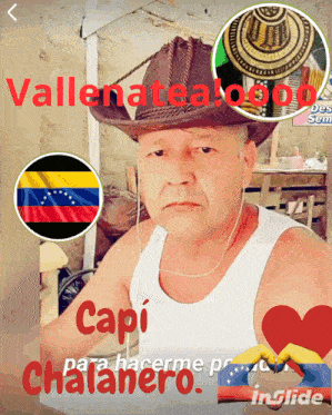 a man wearing a cowboy hat and a white tank top with the name capi written on it
